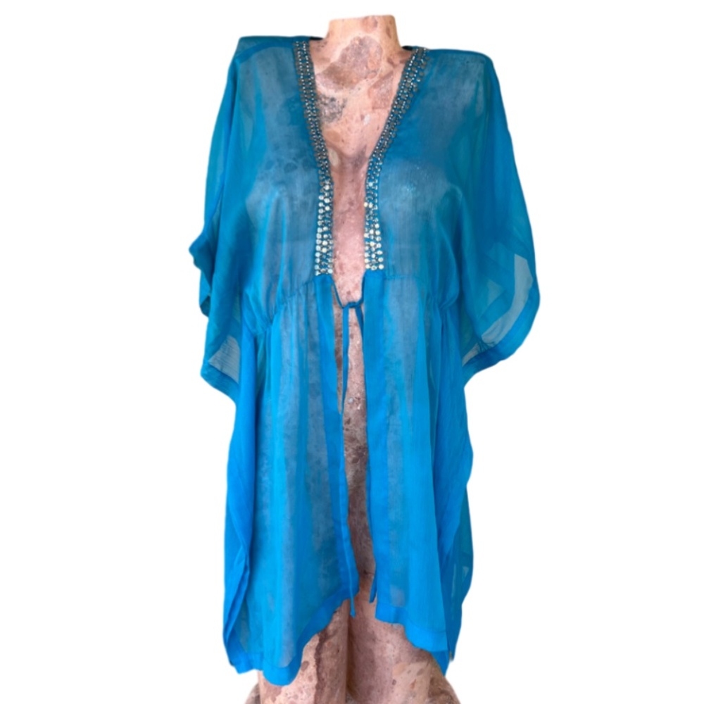 Turquoise Blue Transparent Kimono/Cover Up With Metallic Neckline Detail
